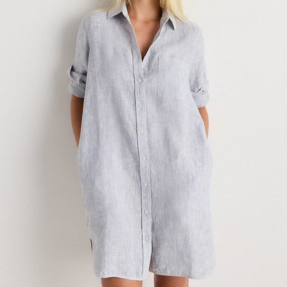 Quince 100% European Linen Shirt Dress in Blue Pinstripe
